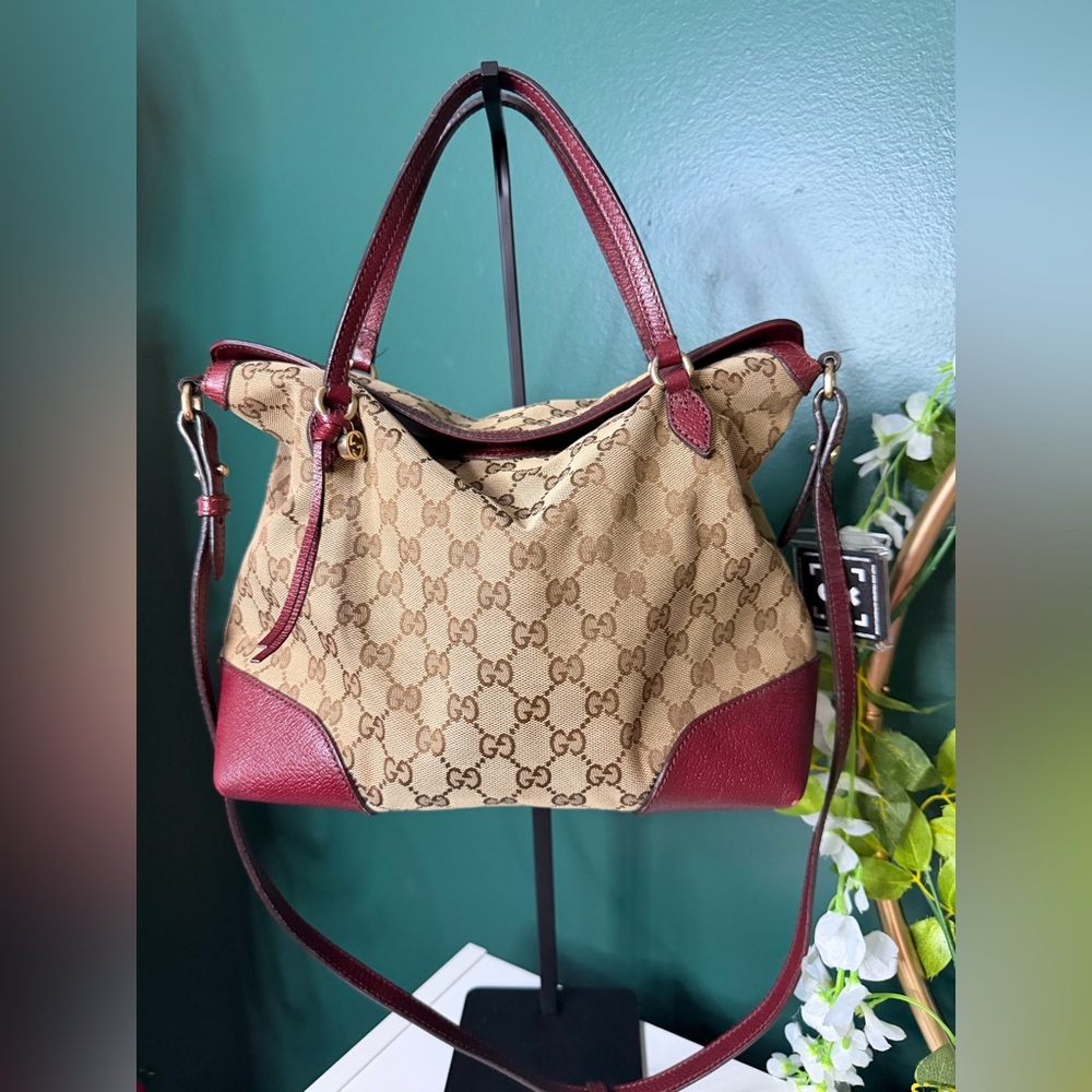 Gucci GG Bree Canvas Beige and Burgundy Medium Tote Bag